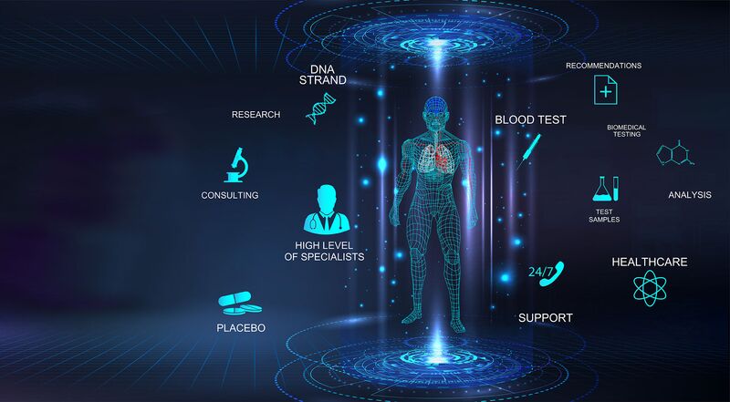 Symbol image; futuristic, schematic representation of a body, next to it various icons and terms (Research, Consulting, Healthcare etc.)